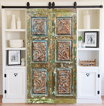 Antique French Double Door Colorful Hues Carved Mexican Style Door 80